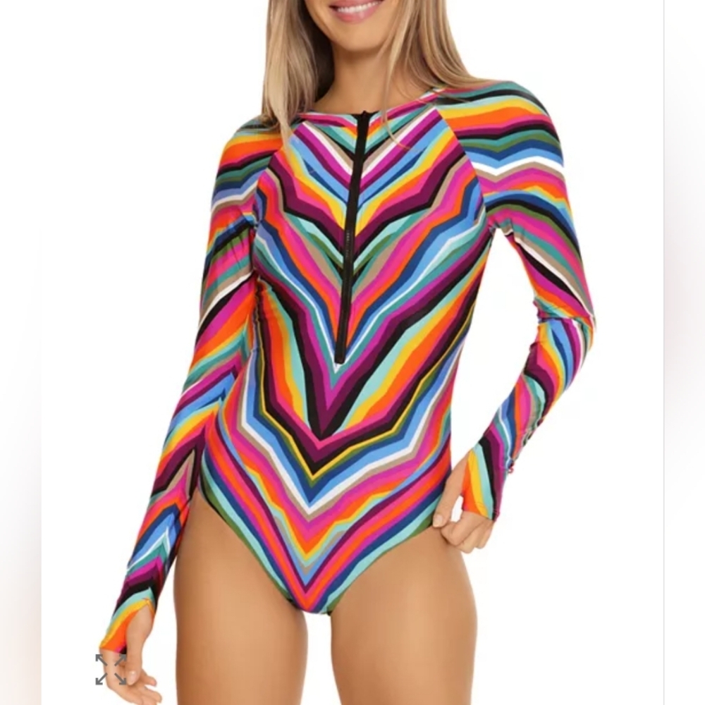 Trina Turk Louvre Printed Long Sleeve Swimsuit Pink Teal Crew Neck Large